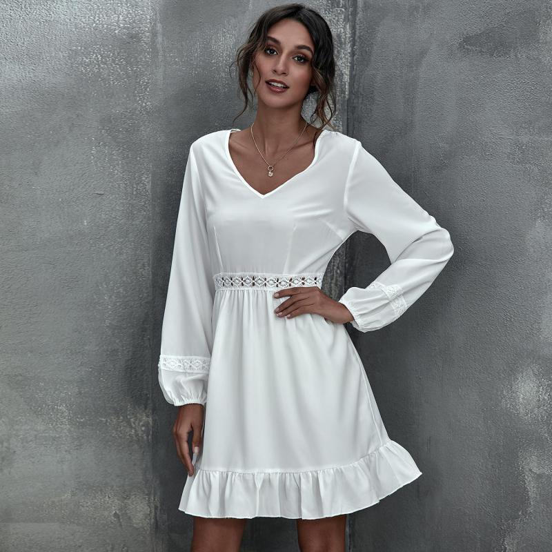 Women Dress V Neck Long Sleeve White es Hollow Out High Waisted Ruffles Mini Temperament Ladies es 210513