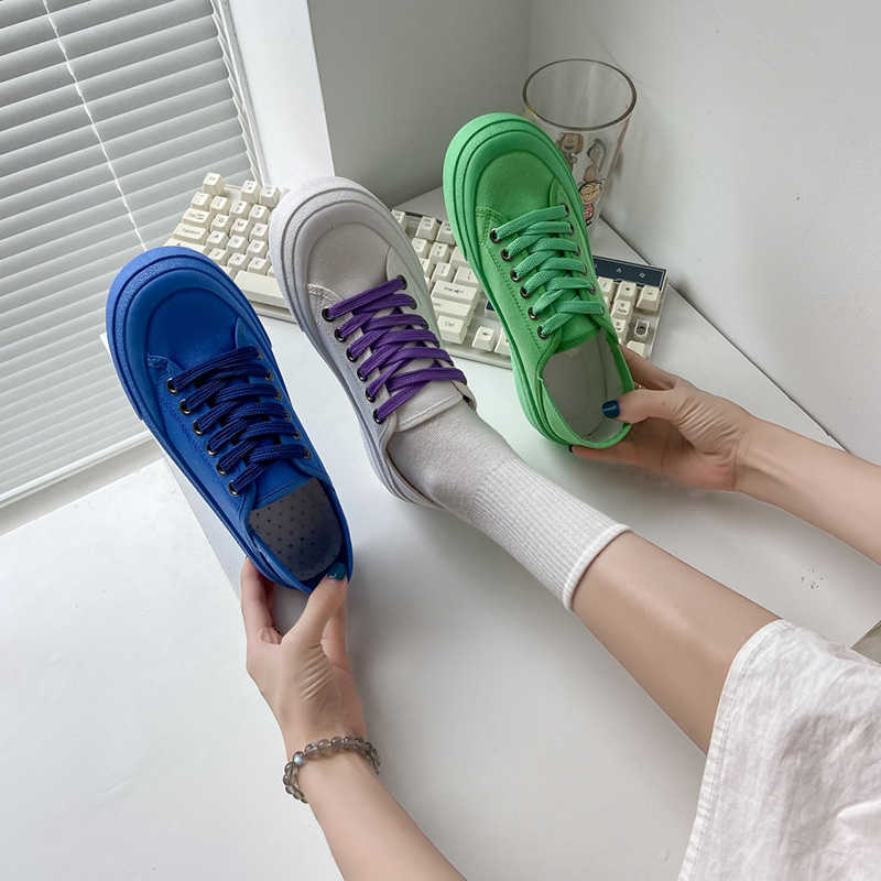 Women's Sneakers Korean Style Comfortable Low-top Round Toe Lace-up Canvas Sneakers Y0907