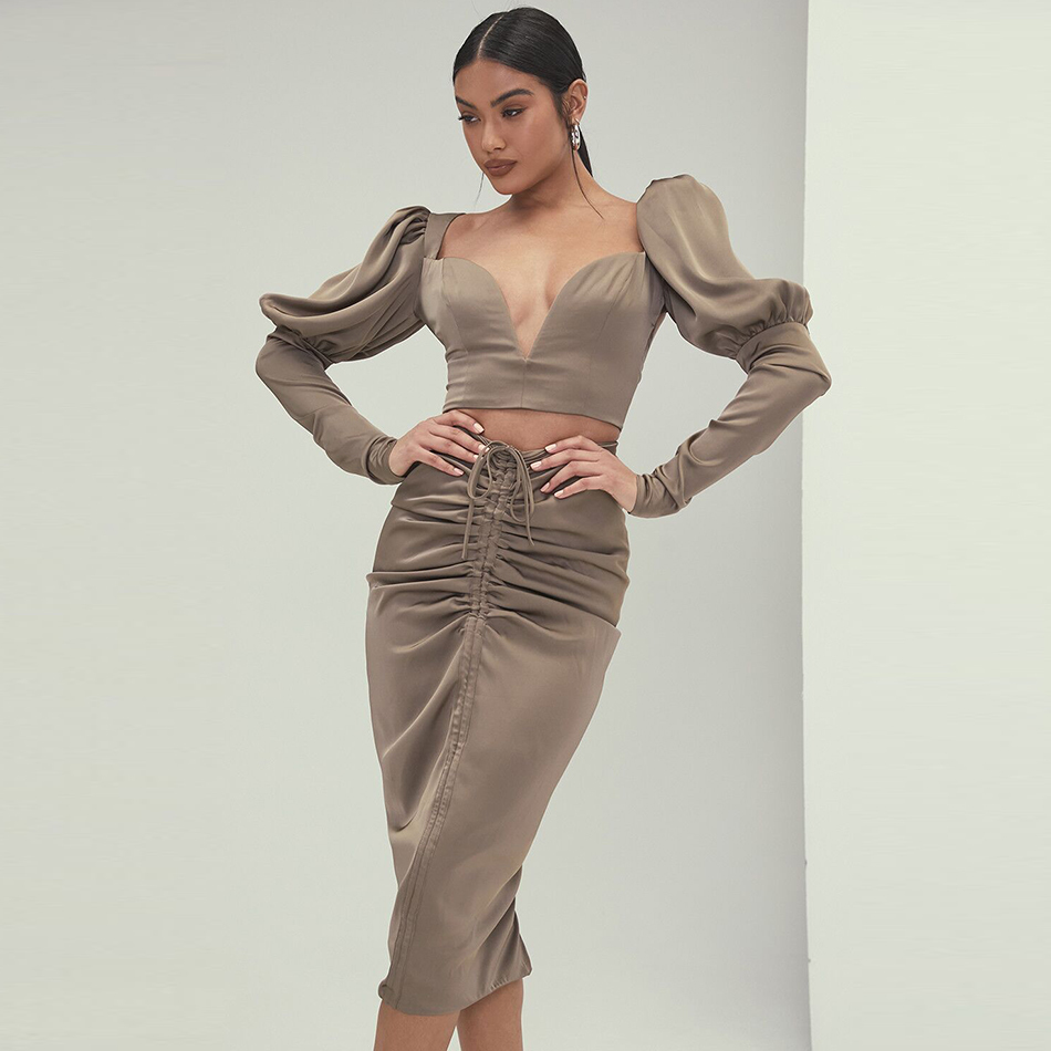 Summer Women Fashion Grey Long Sleeve Midi Dress Sexy V Neck Hollow Out Celebrity Evening Runway Club Party 210423