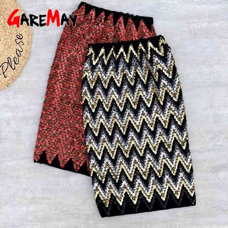 Colorful Sequin Skirts Women Bodycon Pencil Ladies Elastic Stripe Chic Slim Party Female High Waisted Elegant 210428