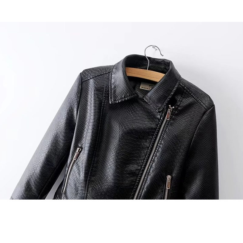 women's fashion snake zipper PU suit collar slim slimming locomotive female jacket coat black 210507