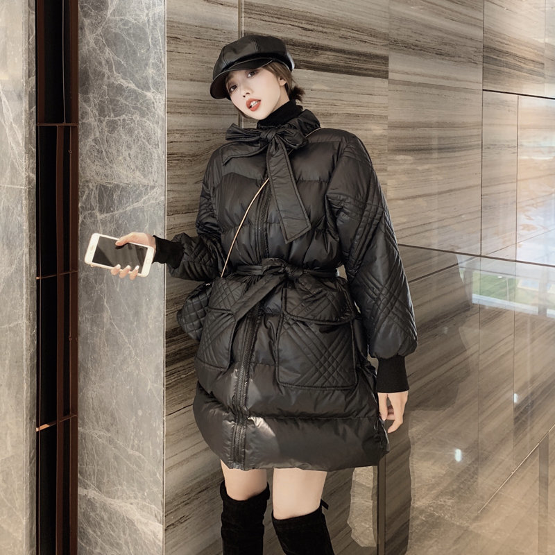 Stylish Casual Jacket Lace-Up Outwear Brief Girls All-Match Thick Warm Winter Loose Women Mid-Length Jackets 210421