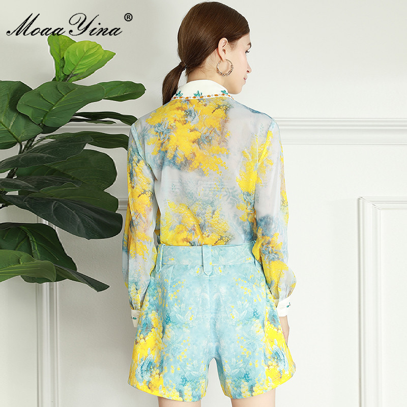 Fashion Runway Summer Two Piece Sets Women's Ruffle Elegant Long Sleeve Yellow Print Blouse+Casual Shorts Suit 210524