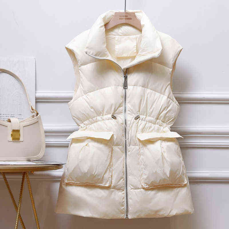 Janveny Winter Down Vest Women Mid-Length Slim Waistcoat 90% White Duck Down Jacket Female Gilet Sleeveless Windproof 211105