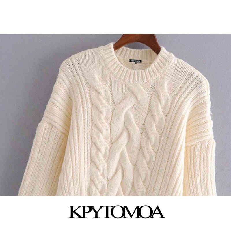 Women Fashion With Ribbed Trims Cable-Knit Sweater O Neck Long Sleeve Female Pullovers Chic Tops 210420