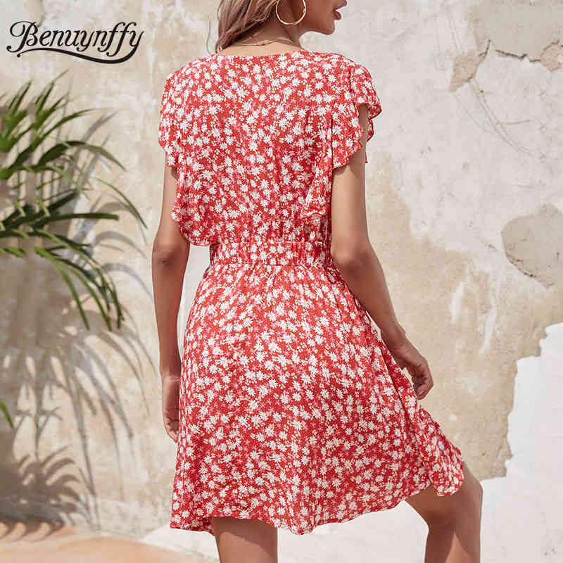 Surplice Neck Ruffle Sleeve Print Mini Dresses Women Boho Holiday Casual High Waist Female A-Line Summer Dress 210510