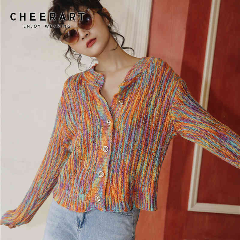 Autumn Colorful Sweater Cardigan Women Long Sleeve Button Up Rainbow Knitted Korean Fashion 210427