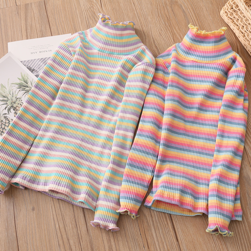 2021 Spring Autumn 2-10 12 Years Children'S Sweet Long Sleeve Colorful Striped High Neck Basic Turtleneck T-Shirt For Kids Girls 220217