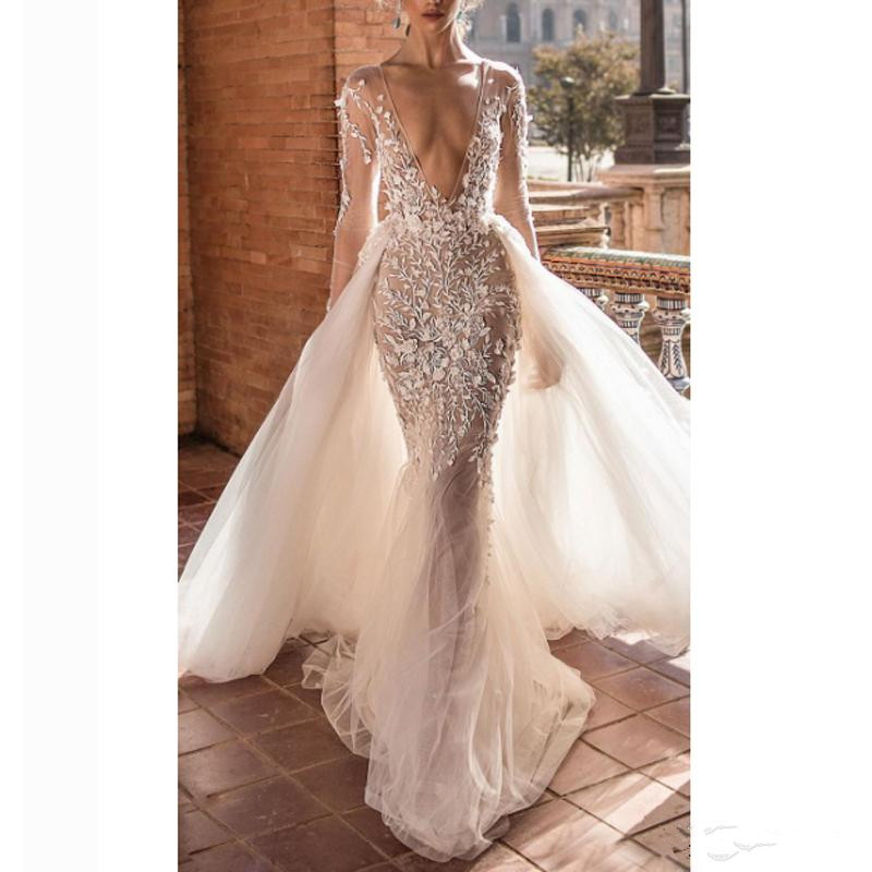 2021 Summer Wedding Dresses With Detachable Train Bridal Gown Long Sleeves Beach Custom Made Backless Boho Chic Mermaid Robes De Mariée