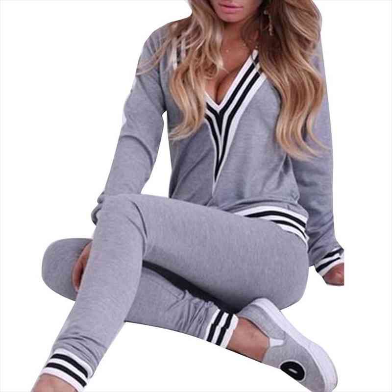 chic 2pcs set women lady casual stripe hem v neck sweatshirt pants cotton sports tracksuit, White
chic 2pcs set women lady casual stripe hem v neck sweatshirt pants cotton sports tracksuit, White