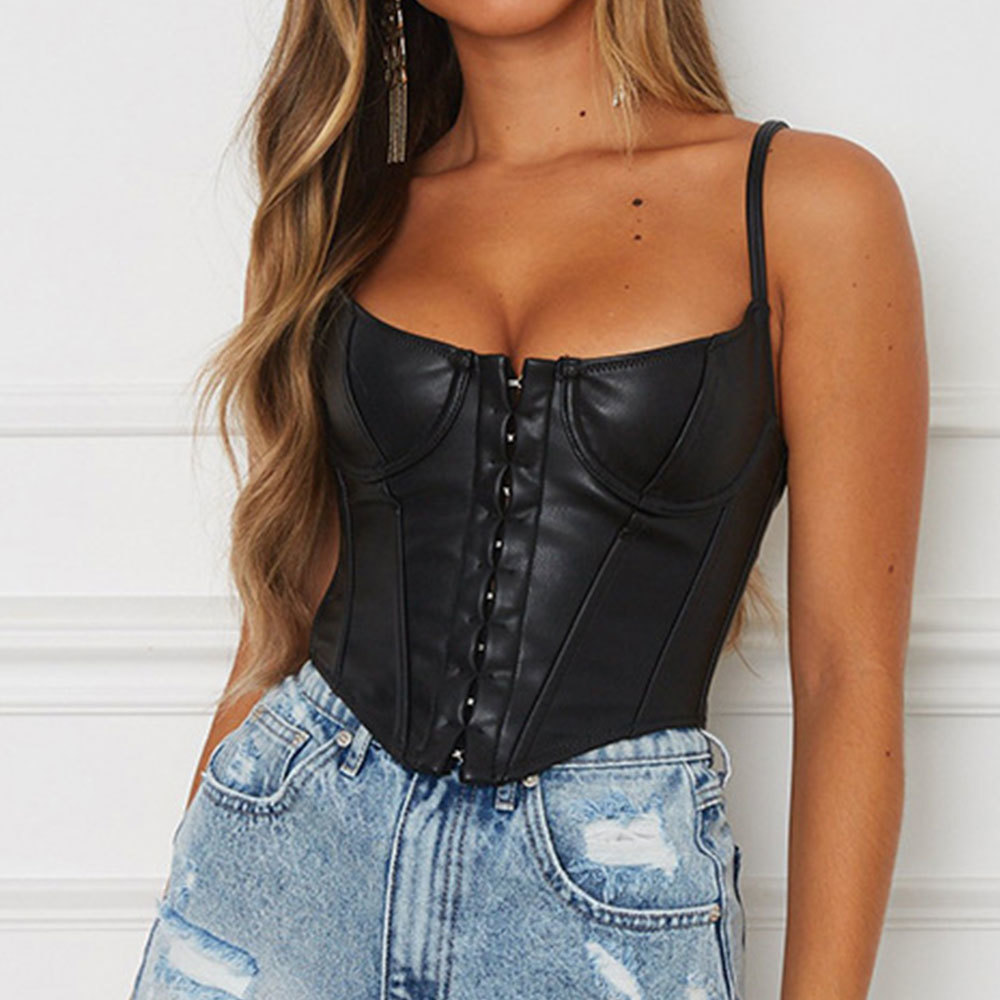 Women Summer Elegant Sexy Deep V-Neck Sleeveless Camis Solid Punk Leather Club Button Streetwear Tank Tops Corset 210428
