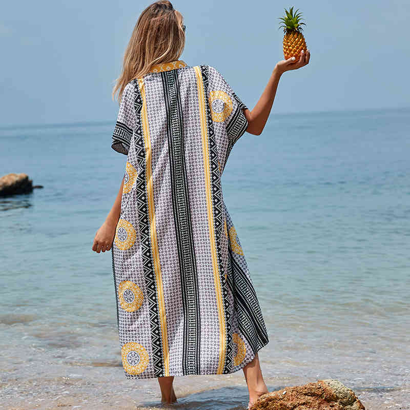Bohemian Women Summer Beach Dress Swim Wear Cover Up Polyester Tunic Sexy V-Neck Robe Caftan Bikini Cover-ups pareo Q927 210420