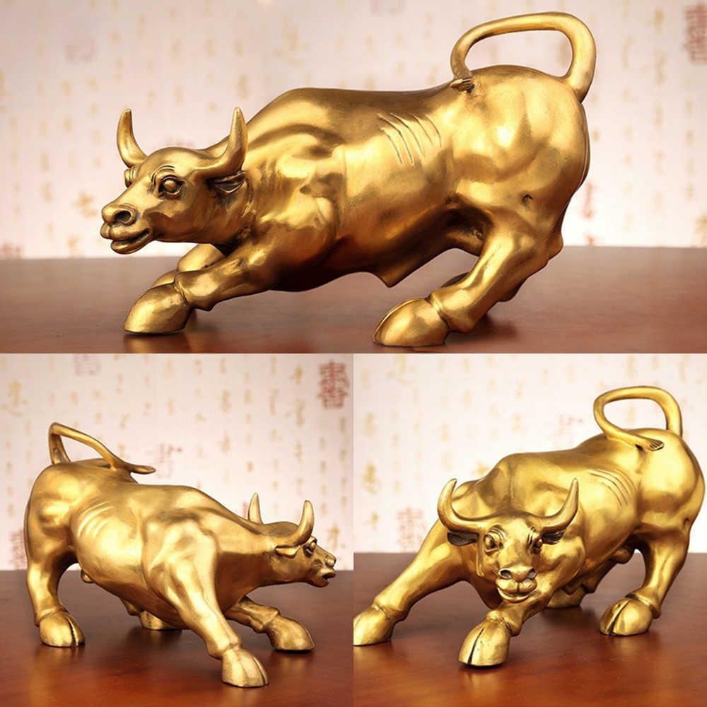 100% Brass Bull Wall Street Cattle Sculpture Copper Mascot Gift Statue Exquisite Office Decoration Crafts Ornament Cow Busi Y6L6 210727