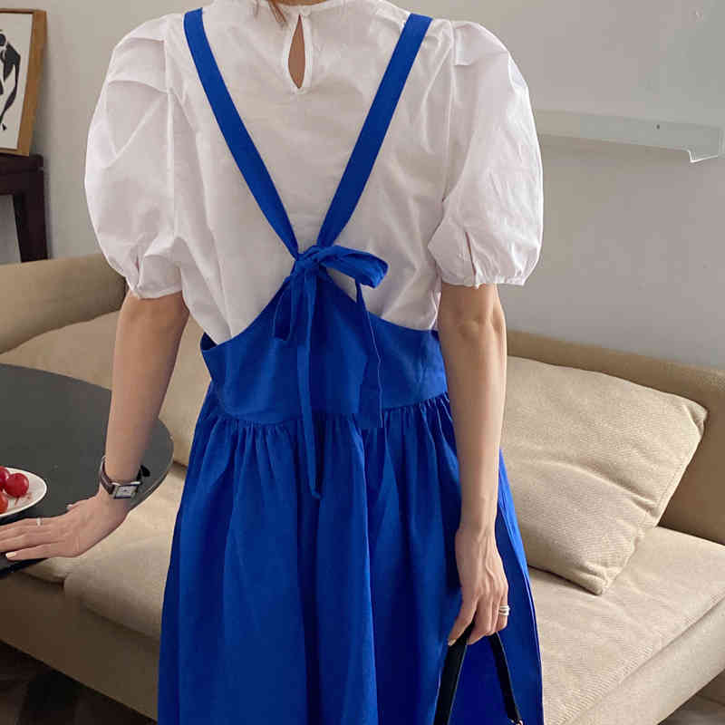 Nomikuma Korean Chic 2Pieces Sets Puff Short Sleeve Blouse Shirt + Bow Tie High Waist A-line Sling Dress Sweet Suits 6F855 210427