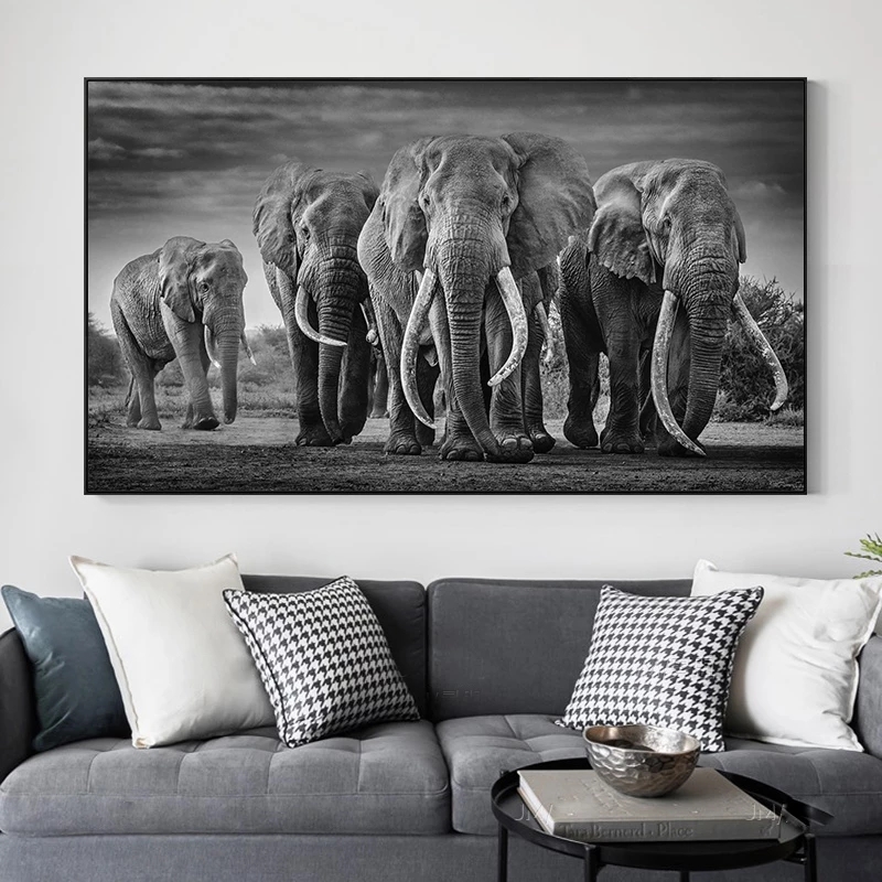 African Elephants Wild Animals Canvas Painting Scandinavia Posters and Prints Cuadros Black White Wall Art Pictures For Living Room