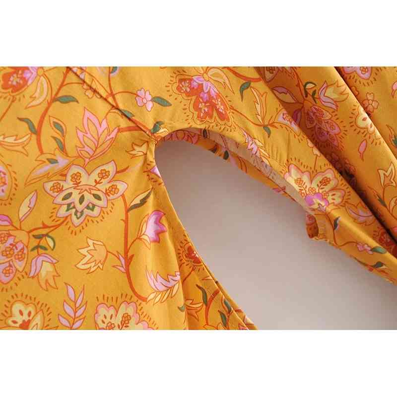 Women Bohemian Yellow V neck Flower Print Kimono Shirt Holiday Beach Tide Bow Sashes Mid Long Cardigan Blouse BOHO Tops 210429