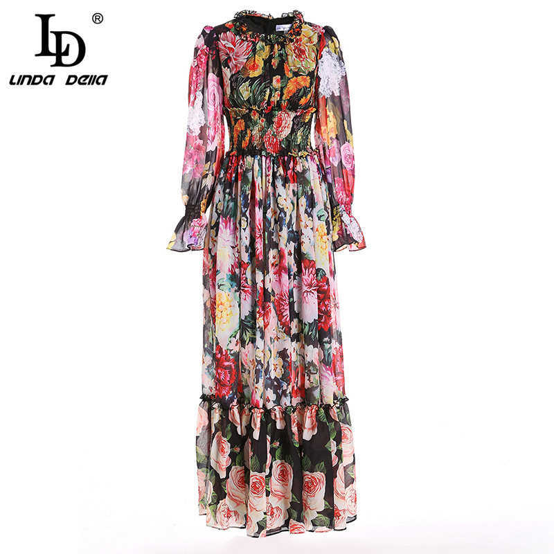 LD LINDA DELLA Fashion Runway Summer Long Sleeve Maxi Dres's elastic Waist Floral Print Elegant Party Holiday 210623