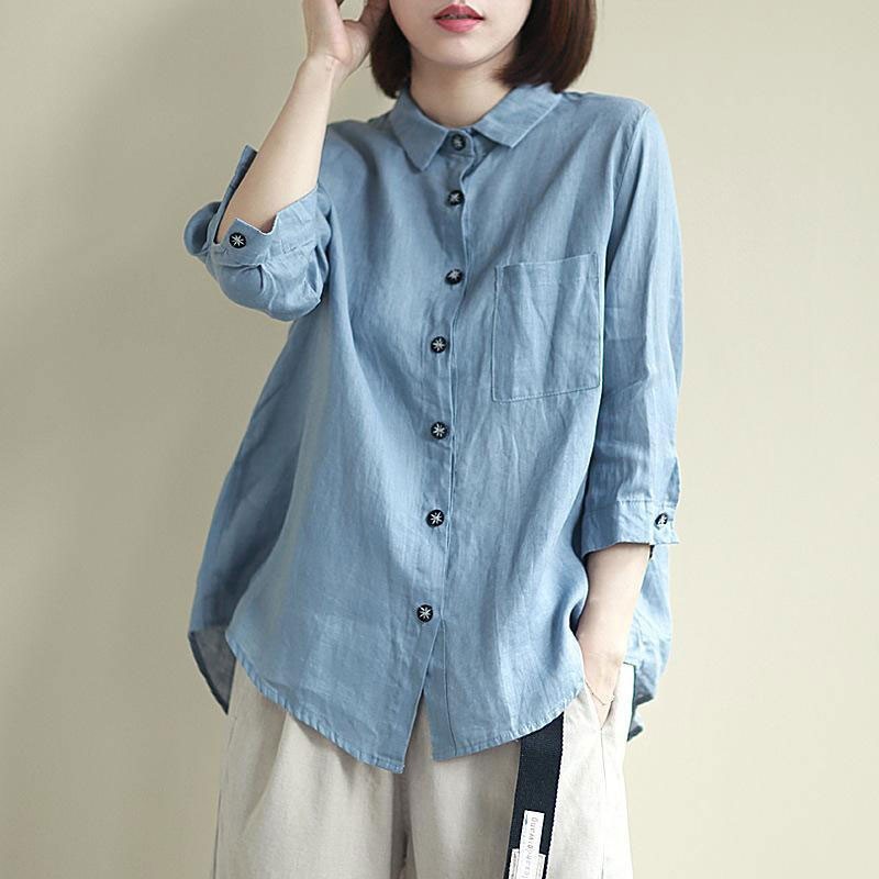 Spring Arts Style Women 3/4 Sleeve Loose Yellow Shirts All-matched Casual Solid Linen Blouse Femme Vintage Tops M250 210512