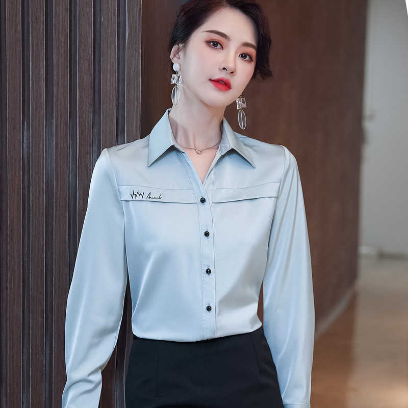 High End Shirt Women Black White Formal Spring All-Match Satin Blouses Office Ladies Fashion Work Tops 210604