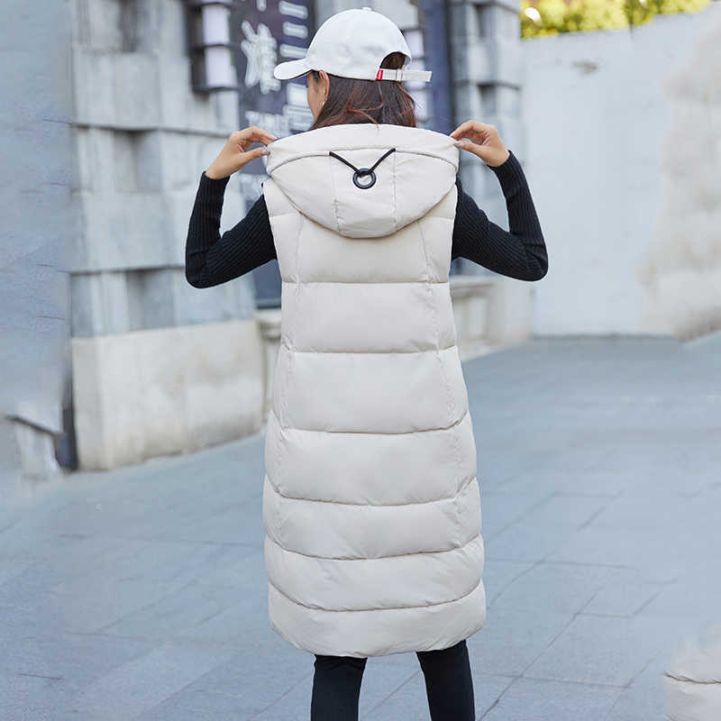 Autumn Winter Cotton Vest Women Hooded Coats Sleeveless Long Jacket Thicken Padded Waistcoat Female 210819