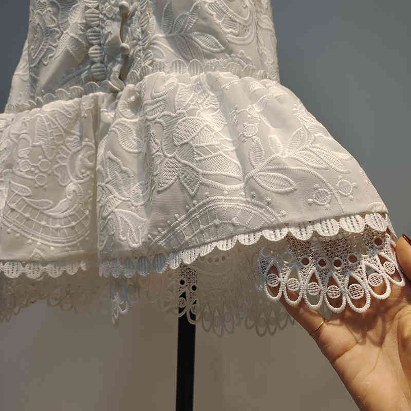 VGH Elegant Patchwork Lace Women's Dress O Turtleneck Puff Sleeve High Waist White Dresses Female Fashion New Clothing Fall 210421