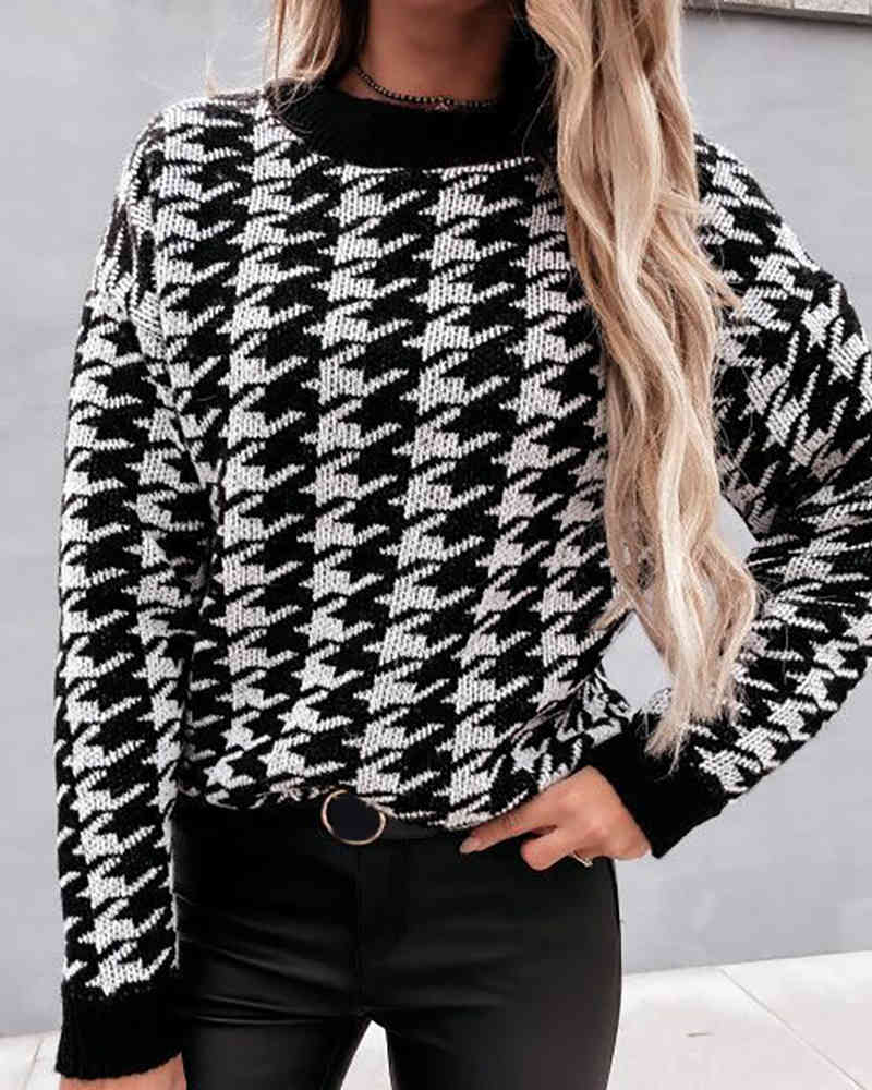 Winter Women Elegant Houndstooth Long Sleeve Knit Sweater Femme Round Neck Short Casual Top Chandail Office Ladies Clothing 210415
