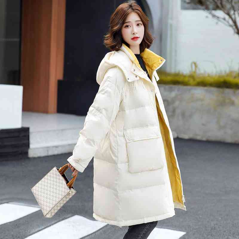 Entity hooded women's high sense medium and long thickened over knee slim white duck down jacket, Black
Entity hooded women's high sense medium and long thickened over knee slim white duck down jacket, Black