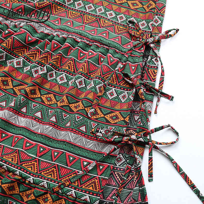 Tie Side Ethnic Print Split Long Skirts Women Summer Vacation Bohemian High Elastic Waist Female Casual Maxi Skirt 210510