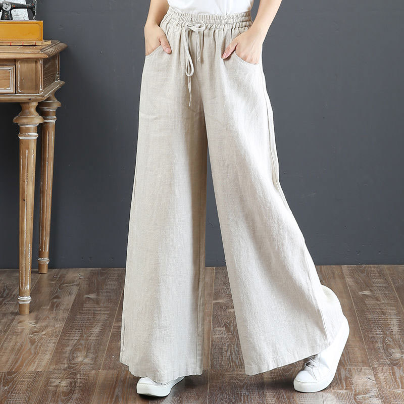 Spring Summer Women Pants Plus Size High Waist Loose Solid Cotton Linen Wide Leg Female Casual Trousers Big D50 210512