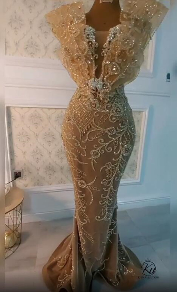 2021 Plus Size Arabic Aso Ebi Gold Luxurious Sexy Prom Dresses Beaded Crystals Mermaid Evening Formal Party Second Reception Gowns ZJ205