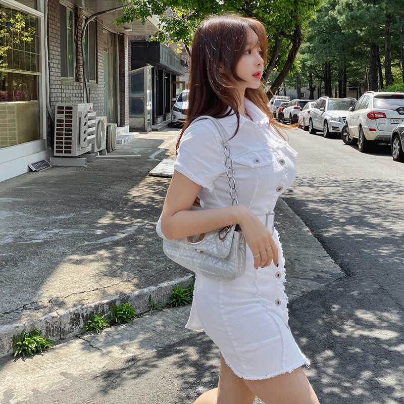 Korea Summer elastic White Slim Buttons Belt Sexy Mini T Shirt Party Dress Elegant Women Denim Dresses Vintage 7MOZ 210603