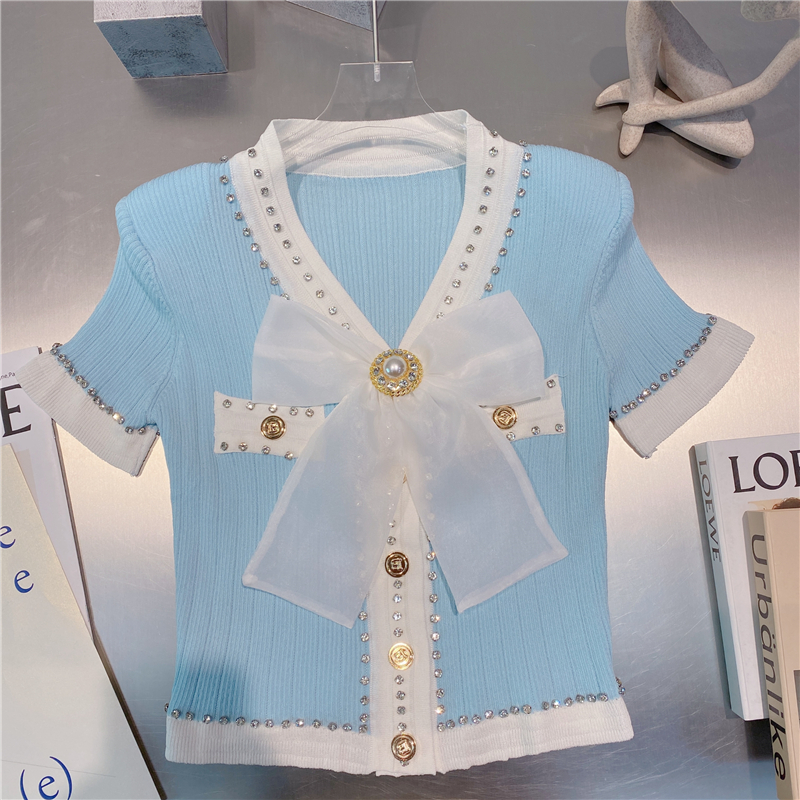 Summer Design womens fashion luxury v-neck rhinestone bow patched short sleeve knitted cardigan tees SML