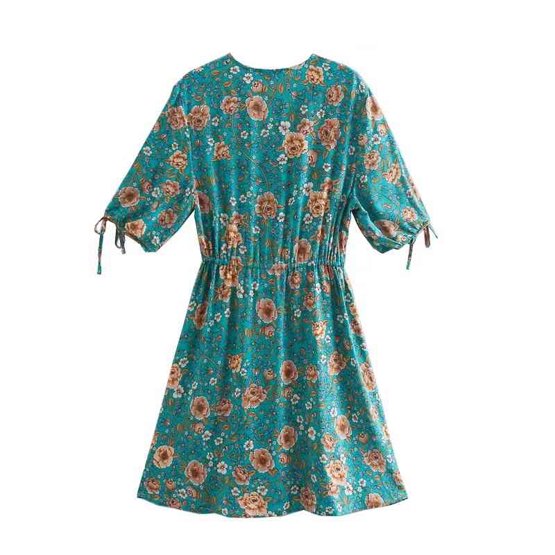 Green Contrast color Floral print Summer BOHO Dress Holiday Woman Lace up Adjust Waist Button Short Sleeve Mini Dresses Beach 210429