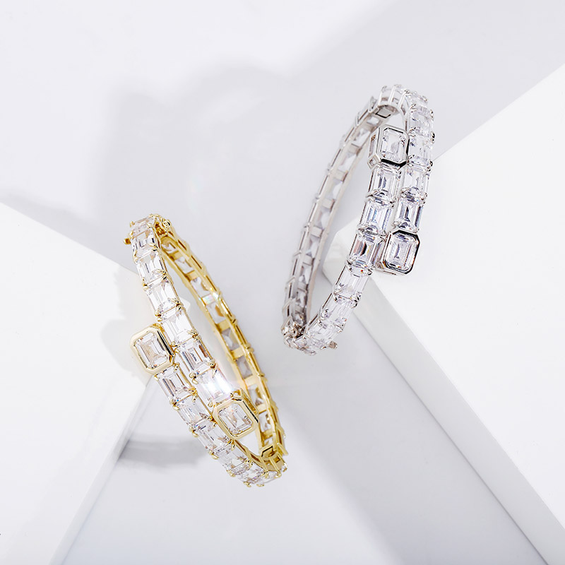 New Fashion Iced Out Baguette Cubic Zirconia Adjustable Bangle Women's Bracelet Hip Hop Charm Jewelry Valentine Day Punk Party Gift for Women and