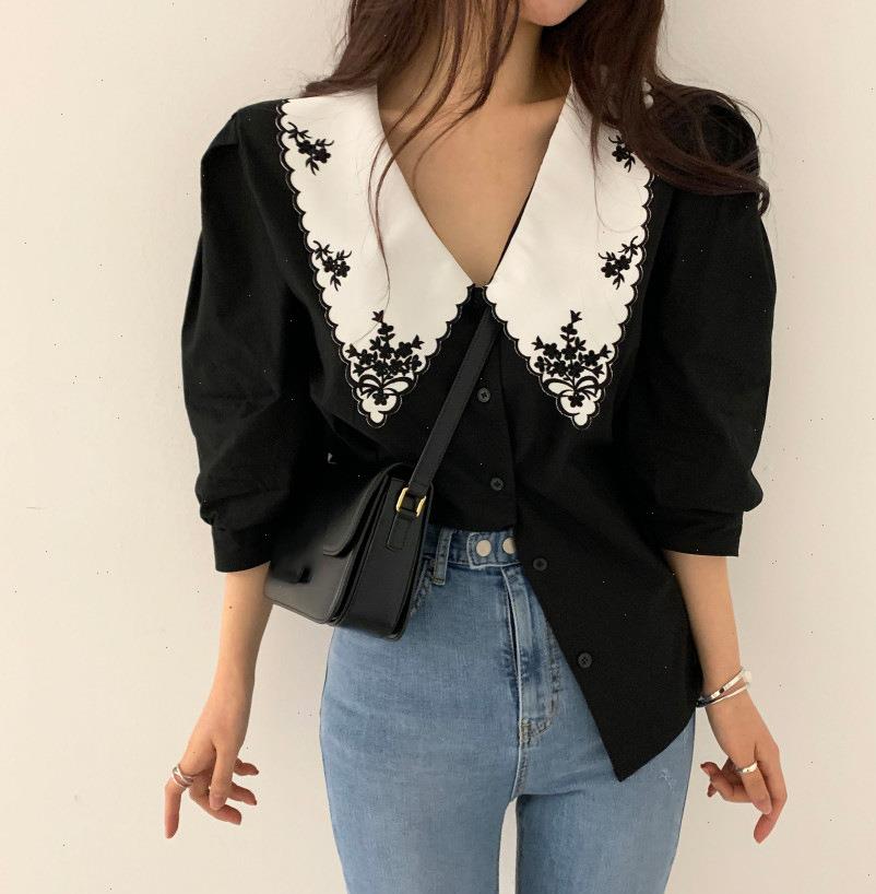 korean chic women shirts retro design lapel plus size blusas casual heavy embroidery hit color single breasted loose puff sleeve, White
korean chic women shirts retro design lapel plus size blusas casual heavy embroidery hit color single breasted loose puff sleeve, White