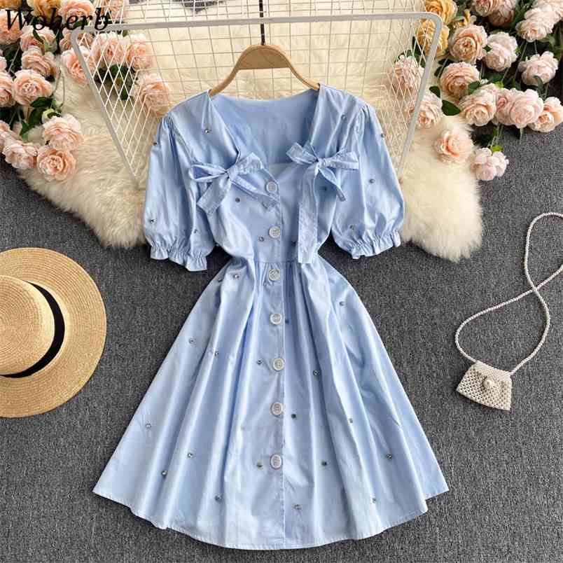 Chic Women Dresses Heavy Diamonds Sweet Vestidos Female Summer Single Breasted Korean Robe Lace Up Bow Slim White Dress 210519