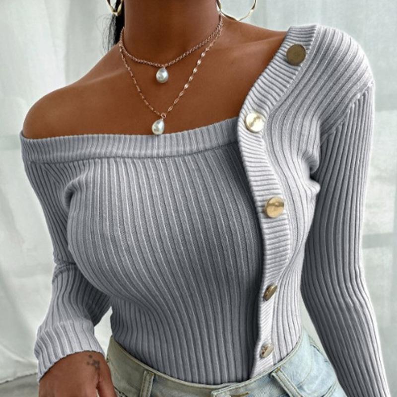 Sexy Patchwork Knitted Slim Skew-collar Button Long Sleeve Female Sweater 2021 Autumn Fashion Lady Pullover