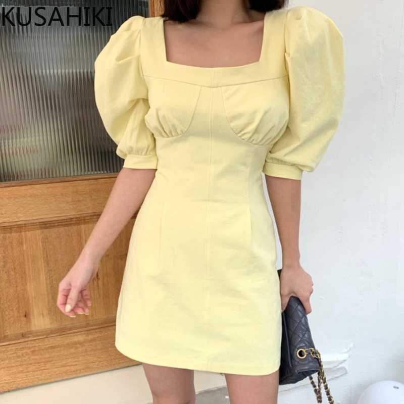 Korean Chic Square Collar Woman Dress Elegant Slim Waist Puff Sleeve Dresses Summer Solid Vestido Mujer 6H771 210603