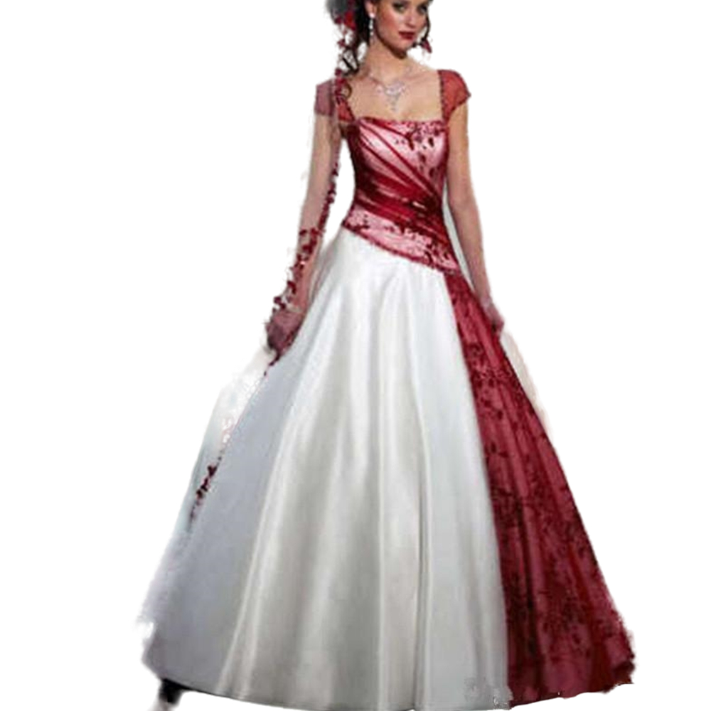 Vintage White And Burgundy A Line Wedding Dress For Women Square Neck Lace Appliques Cap Sleeve Plus Size Lace-up Gothic Corset Country Garden Long Br