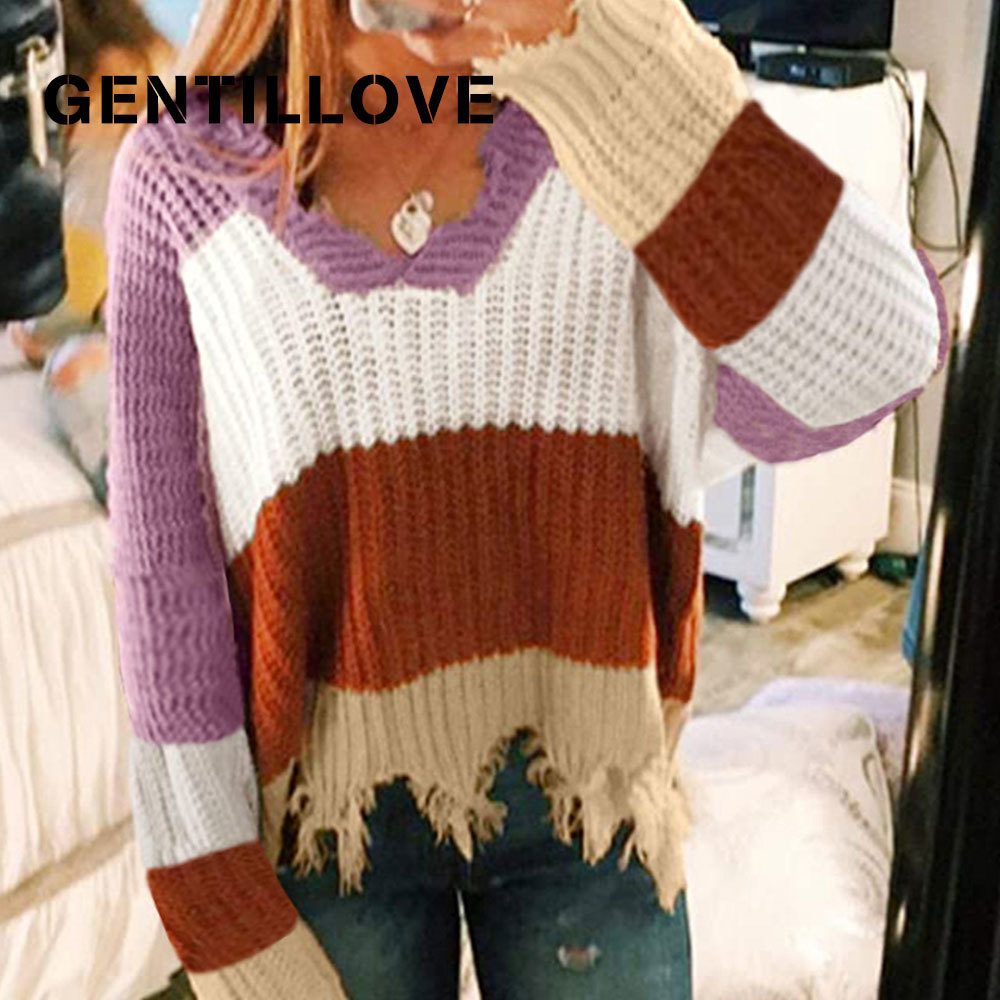 Jocoo Jolee Sexy V Neck Striped Hit Color Sweater Vintage Ripped Tassel Irregular Pullovers Casual Knitted Tops Tunic 210518, As photo
Jocoo Jolee Sexy V Neck Striped Hit Color Sweater Vintage Ripped Tassel Irregular Pullovers Casual Knitted Tops Tunic 210518, As photo