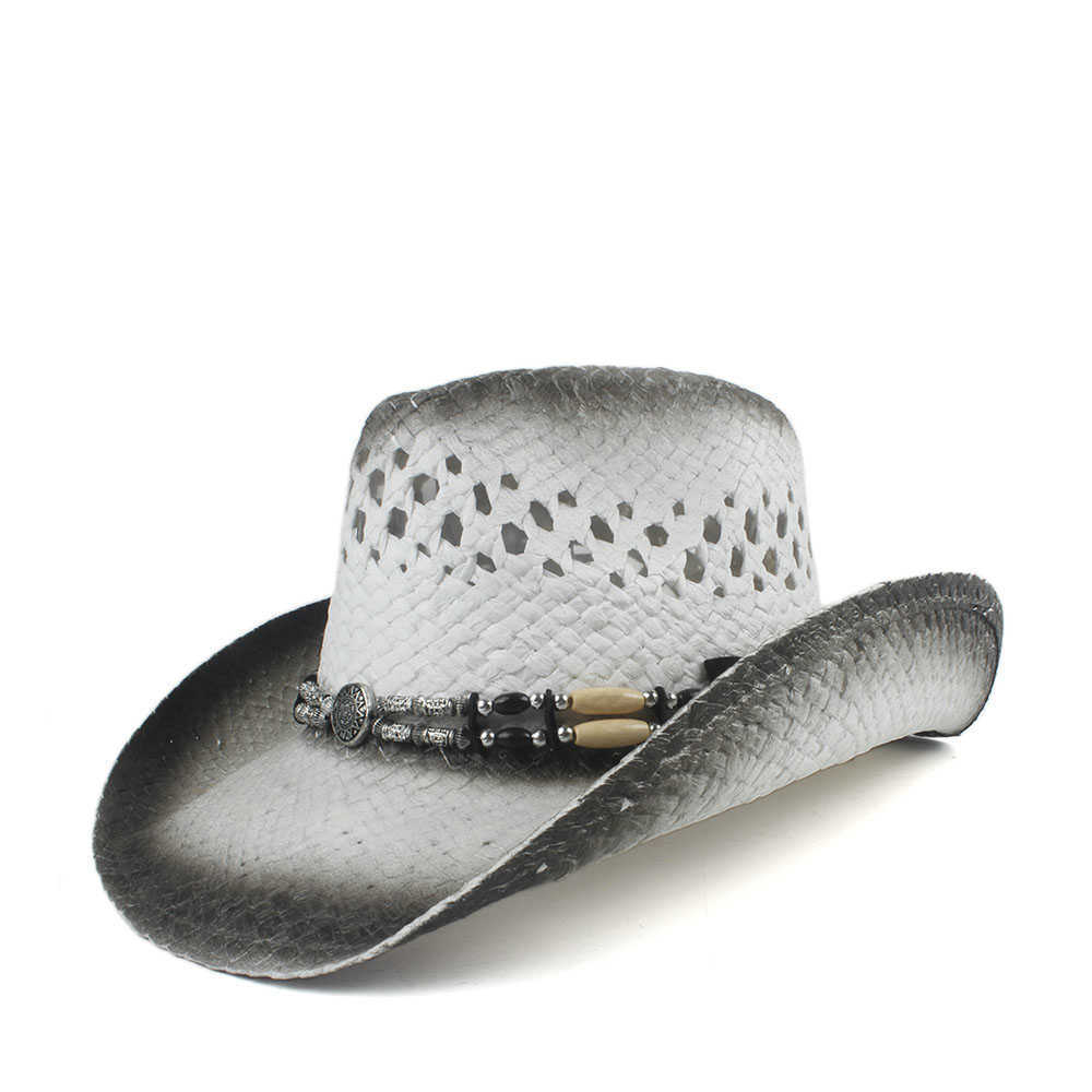 Retro Handmade Weave Straw Women Men Hollow Western Cowboy Hat Lady Dad Sombrero Hombre Cowgirl Jazz Sun Caps Size 56-58cm Q0805