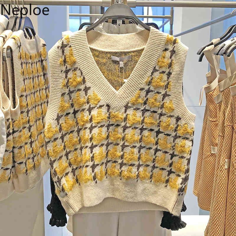 Neploe Preppy Style Knit Plaid Vest Spring Autumn Sleeveless Sweater Coat Tops Women Knitted Cropped Casual Waistcoat Outwear 210422