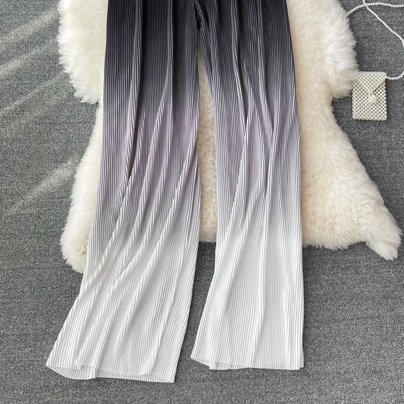 DEAT Women Pleated Straight Gradient Colour Long Pants Arrivals Temperament Fashion Spring Summer 11D1412 210709