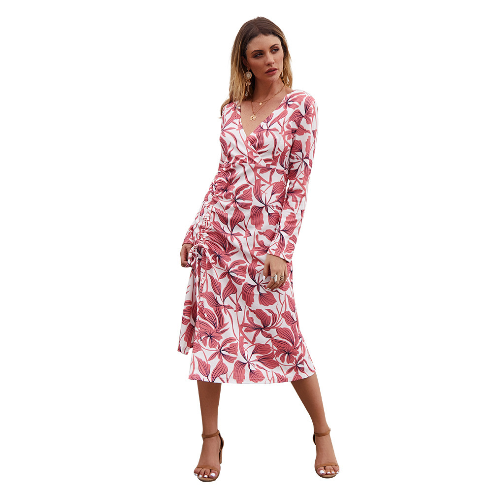 Women Dress V-neck Long Sleeve Drawstring Printing Dresses Plus Size Vintage Sexy 210513