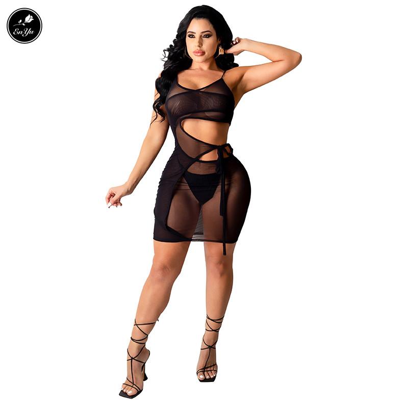 Enyu S-4XL Fashion 2021 Summer Sexy Women Black Brown Solid Mini Dress Camisole Thin Guazy See-Through Club Casual Dresses