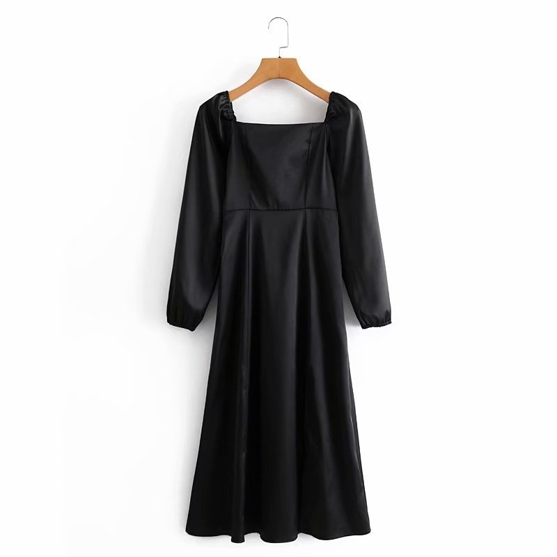 Elegant Women Black Satin Dresses Fashion Ladies Square Collar Vestidos Streetwear Female Chic Slit Side Dress 210430