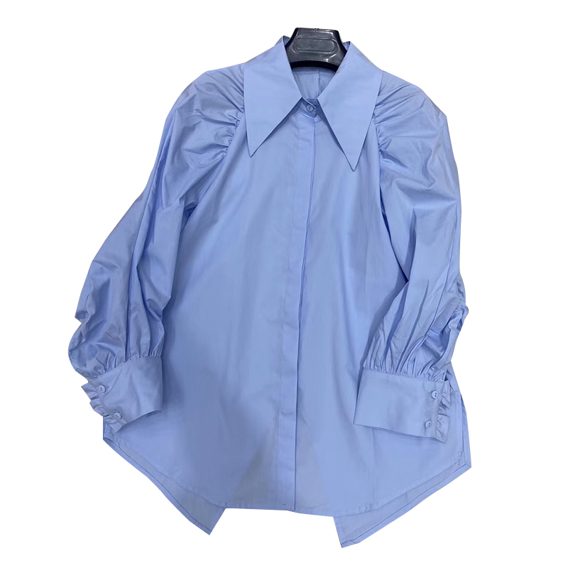 Casual Solid Ruched Shirt For Women Lapel Long Sleeve Minimalist Basic Loose Blouse Female Fashion Spring 210524