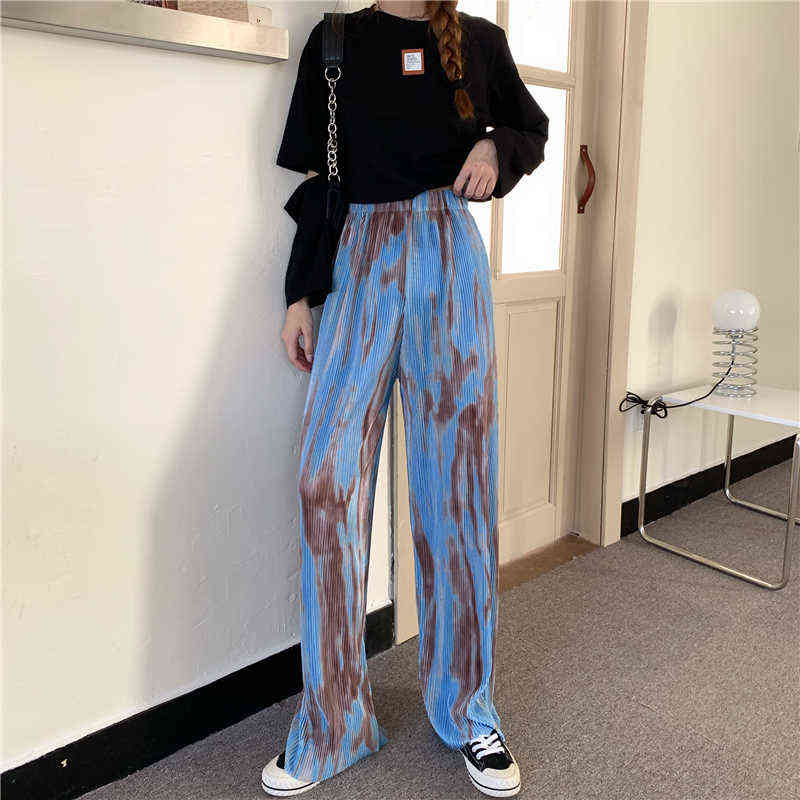 REALEFT Summer Vintage Printed Women's Pleated Long Pants Elastic Waist Loose Bohemian Female Wide Leg Trouses Ladies 211115