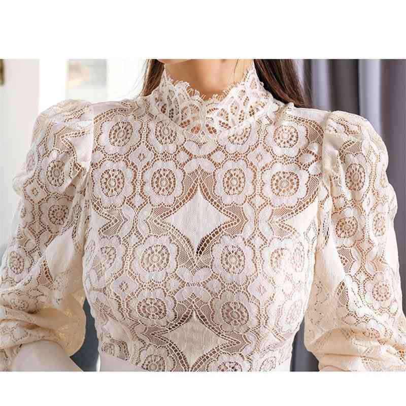 Korea Ladies white Lace Stand Neck Puff Long Sleeved High Waist Slim Pencil Bodycon Midi Sexy Full Party Dress 210519
