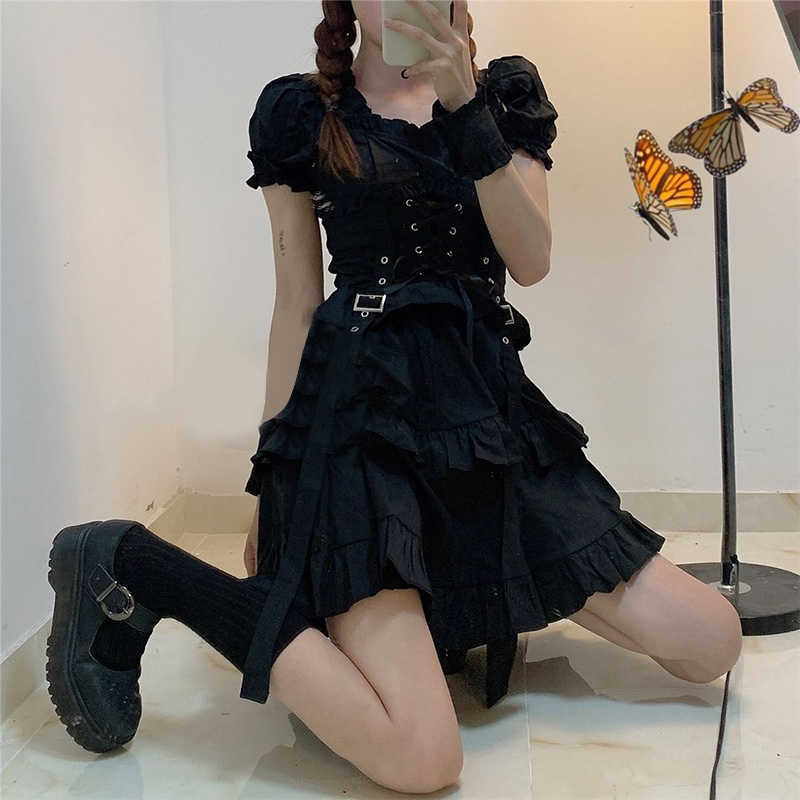 Women's Gothic Lolita Dress Goth Punk Gothic Harajuku Mall Goth Style Bandage Black Dress Emo Clothes Dress Spring 210630